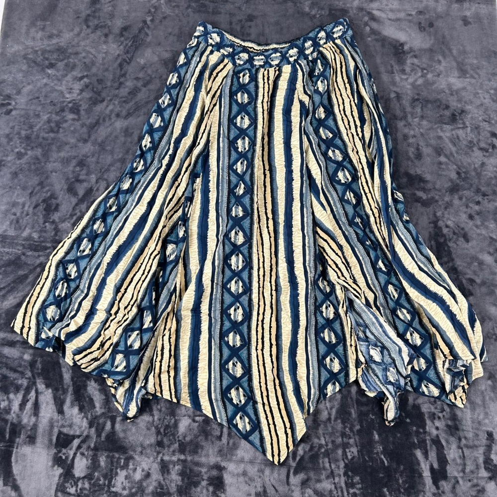 Gantos Maxi Skirt Womens Medium Blue Geometric Stripe Rayon Handkerchief Hem